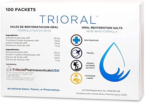TRIORAL Rehydration Electrolyte Powder - WHO Hydration Supplement Salts Formula - Combat Dehydration from Workouts, Fluid Loss and Much More - 100 Drink Mix Packets
