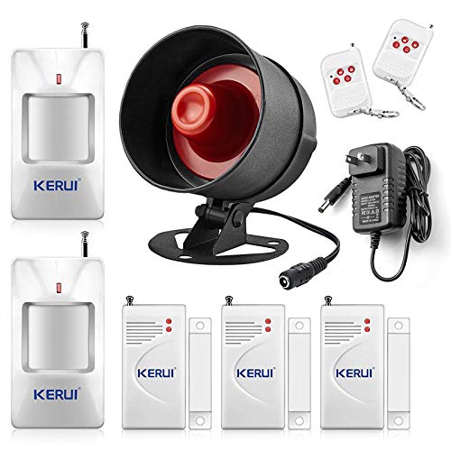 Book Cover KERUI Standalone Home Office & Shop Security Alarm System Kit, Wireless Loud Indoor/Outdoor Weatherproof Siren Horn with Remote Control and Door Contact Sensor,Motion Sensor,Up to 110db