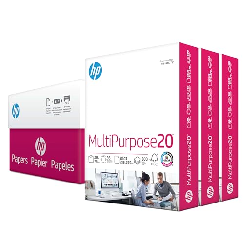HP Printer Paper 8.5x11 Multipurpose 20 lb 3 Ream Case 1500 Sheets 96 Bright Made in USA FSC Certified Copy Paper HP Compatible 112530C