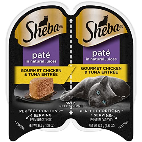 SHEBA PERFECT PORTIONS Paté Wet Cat Food Trays (24 Count, 48 Servings), Gourmet Chicken and Tuna Entrée, Easy Peel Twin-Pack Trays