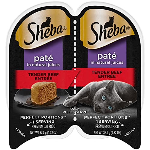 SHEBA PERFECT PORTIONS Paté Adult Wet Cat Food Trays (24 Count, 48 Servings), Tender Beef Entrée, Easy Peel Twin-Pack Trays
