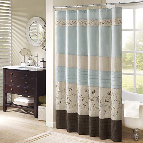 Book Cover Madison Park Serene Shower Curtain Faux Silk Embroidered Floral Machine Washable Modern Home Bathroom Decorations, 72x72, Blue