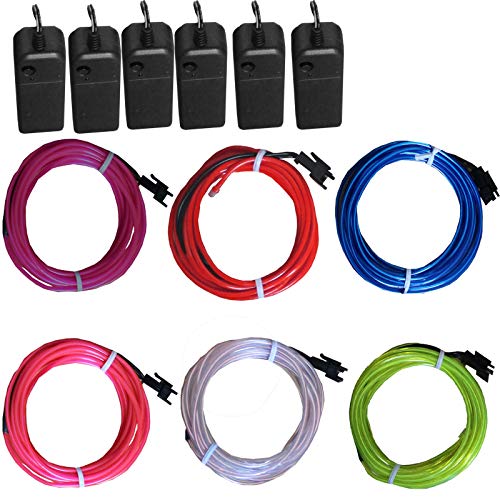 6 Pack - TDLTEK Neon Glowing Strobing Electroluminescent Wire/El Wire(Blue, Green, Red, Pink, Purple, White) + 3 Modes Battery Controllers