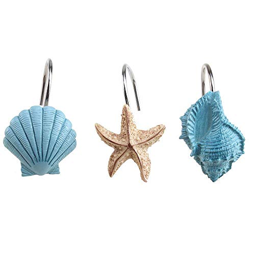 Book Cover AGPtek 12 PCS Fashion Decorative Home Bathroom Seashell Shower Curtain Hooks (Seashell: Blue, Starfish: Tan, Conch: Blue)