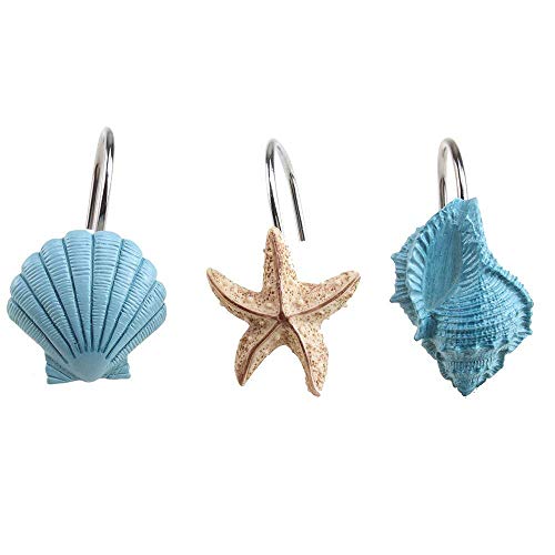 AGPtek 12 PCS Fashion Decorative Home Bathroom Seashell Shower Curtain Hooks (Seashell: Blue, Starfish: Tan, Conch: Blue)