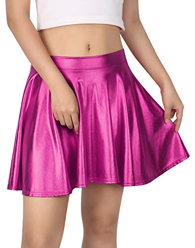 HDE Women's Solid Color Metallic Flared Pleated Club Skater Skirt (Hot Pink, Medium)