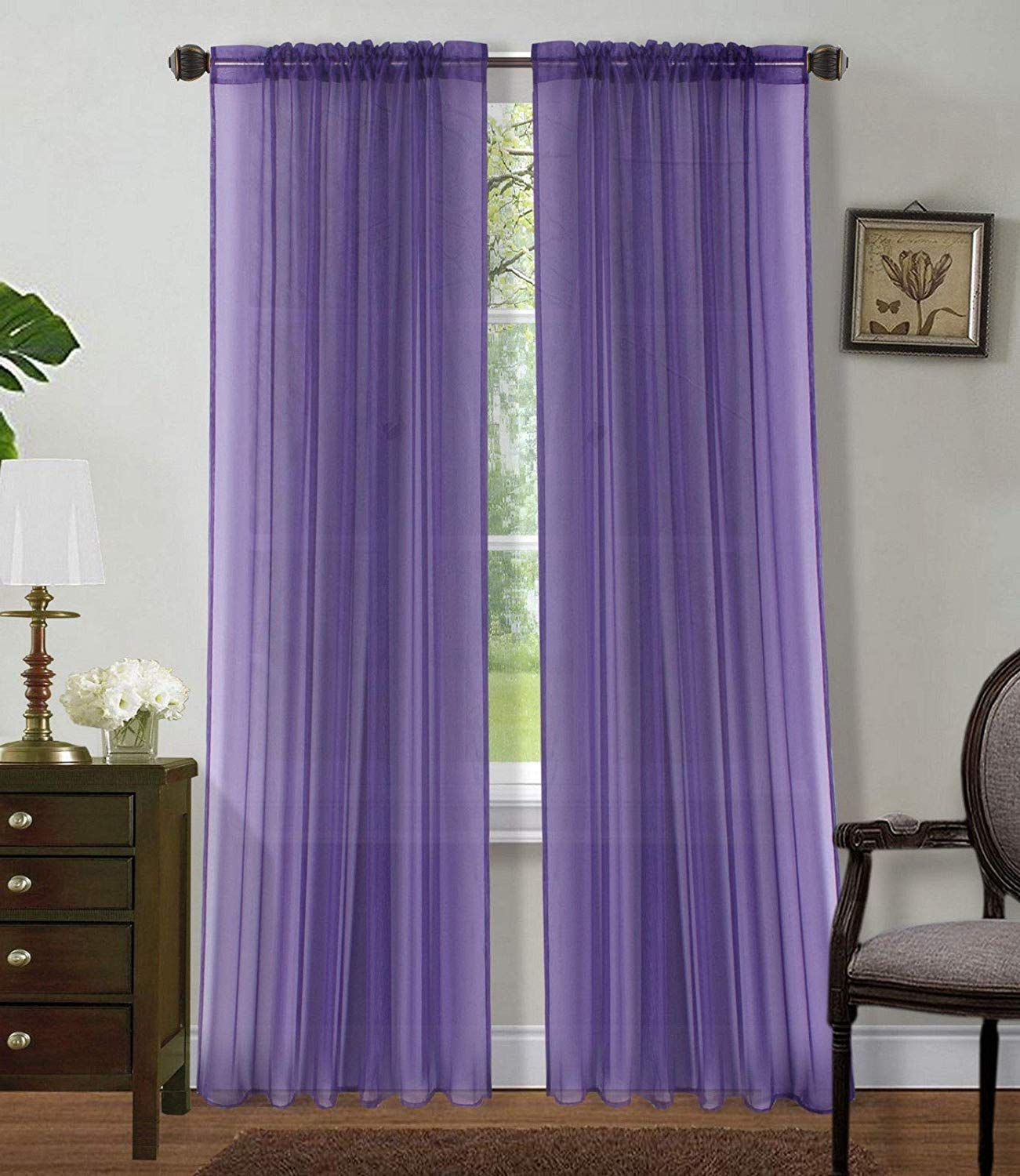 Drape/Panels/Treatment Beautiful Sheer Voile Window Elegance Curtains for Bedroom & Kitchen, 57" inch x 84" inch, Set of 2 (Dark Purple)