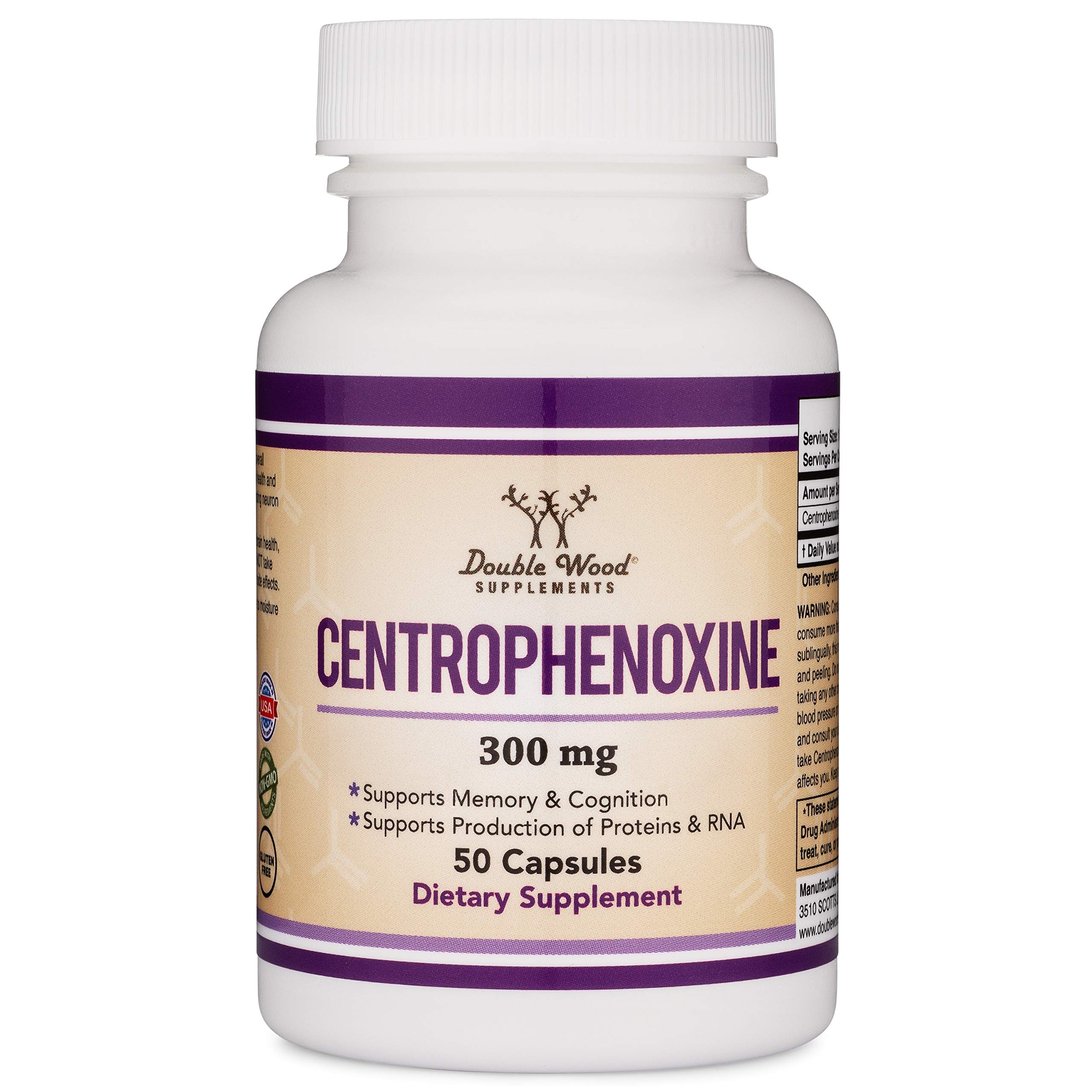 Double Wood Centrophenoxine Capsules 300mg, 50 Count, Third Party Tested Aging Brain Support Supplement (Manufactured in The USA) Nootropic for Memory and Focus