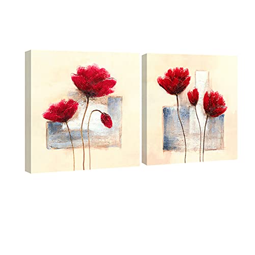 Wieco Art Charming Spring Modern 2 Panels Stretched and Framed Giclee Canvas Prints Artwork Abstract Floral Oil Paintings Style Picture Photo on Canvas Wall Art for Bedroom Home Decorations 2pcs/Set