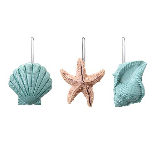AGPTEK Shower Curtain Hooks, 12PCS Anti Rust Decorative Resin Hooks for Bathroom, Baby Room, Bedroom, Living Room Decor (Blue Seashell)