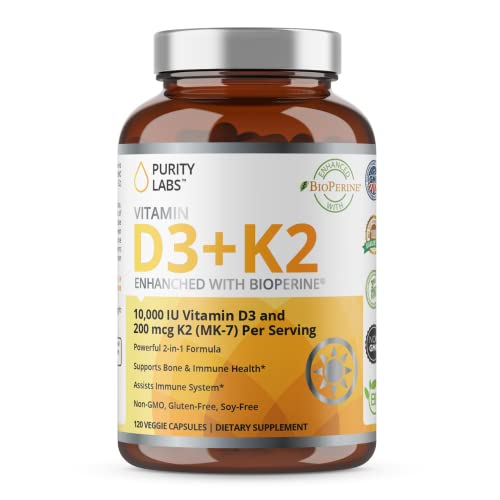 Purity Labs Vitamin D3 K2 10000 IU, (250mcg) D3 + 200mcg K2 MK7 - Immune Support Supplement Enhanced with Bioperine - Vegan Supplements for Daily Defense, Bone, Muscle & Skin Health - 120 Capsules