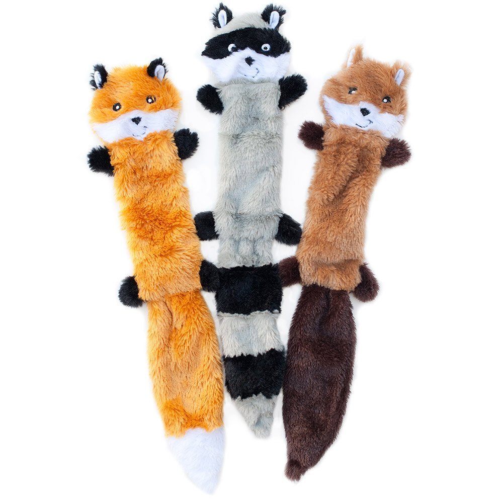 Book Cover ZippyPaws Skinny Peltz - Fox, Raccoon, & Squirrel - No Stuffing Squeaky Dog Toys, Unstuffed Chew Toy for Small & Medium Breeds, Bulk Multi-Pack of 3 Soft Plush Toys, Flat No Stuffing Puppy Toys - 18