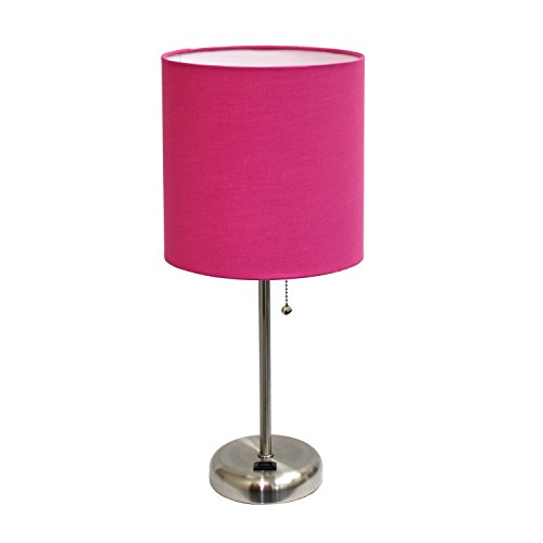Book Cover Limelights LT2024-PNK Brushed Steel Lamp with Charging Outlet and Fabric Shade, Pink