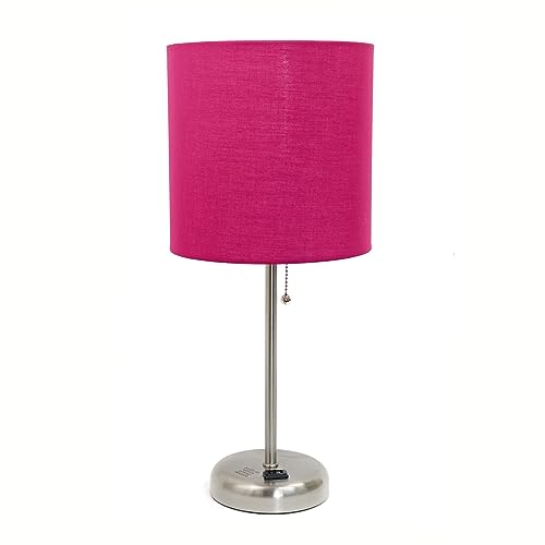 Limelights LT2024-PNK Brushed Steel Lamp with Charging Outlet and Fabric Shade, Pink