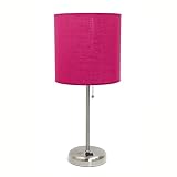 Simple Designs LT2024-PNK Brushed Steel Stick Table Desk Lamp with Charging Outlet and Drum Fabric Shade, Pink