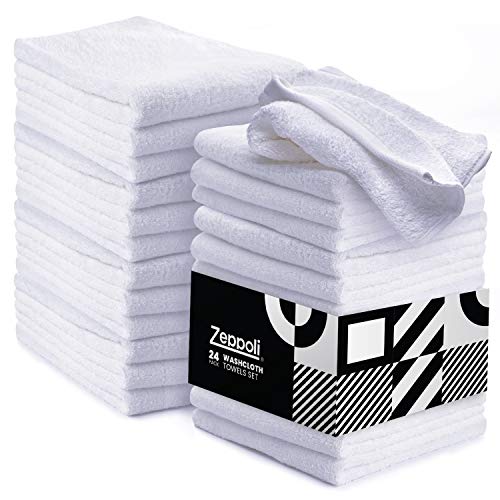 Zeppoli Wash Cloth Towels by Royal, 60-Pack, 100% Natural Cotton, 12 x 12, Soft and Absorbent, Machine Washable, White (24 Pack)