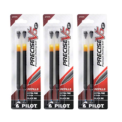 Pilot Precise V5 RT Liquid Ink Retractable Rollerball Pen Refills, 0.5mm, Extra Fine Point, Black Ink, Pack of 6