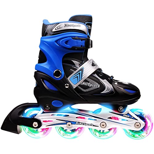 Xino Sports Kids Inline Skates for Girls & Boys - Adjustable Roller Blades with LED Illuminating Light Up Wheels - Youth Skates Can Be Used Indoors & Outdoors (Blue, Youth Big Kid Medium - 1-4)