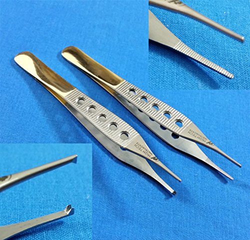 SET OF 2 PREMIUM GRADE ADSON TISSUE 1X2 TEETH + DRESSING SERRATED 4.75" DISSECTING FORCEPS STRAIGHT WITH FENESTRATED GOLD HANDLE ( HTI BRAND)