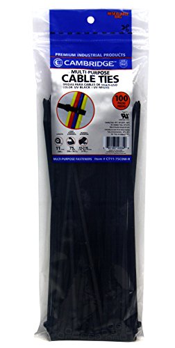 Cambridge Cable Ties 11 Inch 75 Lbs Standard Duty Self Locking UV Resistant Black Zip Ties, 100 Pieces, UL Listed Contractor Quality Industrial Strength