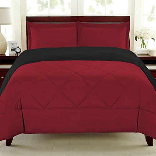 Sweet Home Collection 3 Piece Reversible Polyester Microfiber Goose Down Alternative Comforter Set with Pillow Shams, Full/Queen, Burgundy/Black