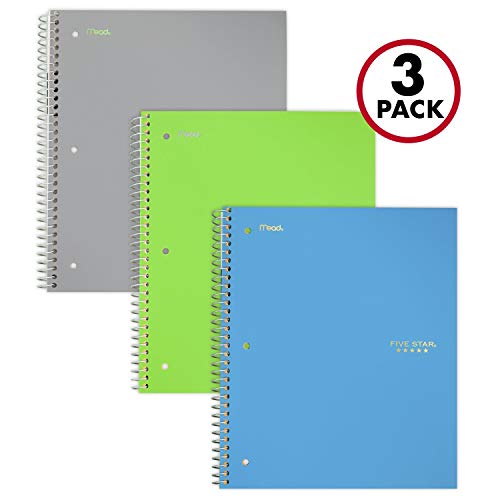 Five Star Spiral Notebooks, 1 Subject, Wide Ruled Paper, 100 Sheets, 10-1/2" x 8", Teal, Lime, Gray, 3 Pack (73057)