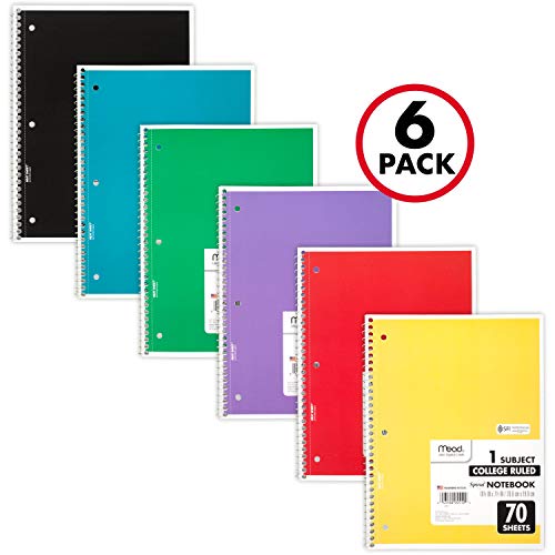 Mead Spiral Notebooks, 1 Subject, College Ruled Paper, 70 Sheets, 10 1/2 inches x 7 1/2 inches, Assorted Colors, 6 Pack (73065)