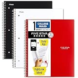 Five Star Spiral Notebooks + Study App, 3 Pack, 1 Subject, College Ruled Paper, Pockets, 100 Sheets, Home School Supplies for College Student or K-12, 11” x 8-1/2", Black, White & Red (73055)