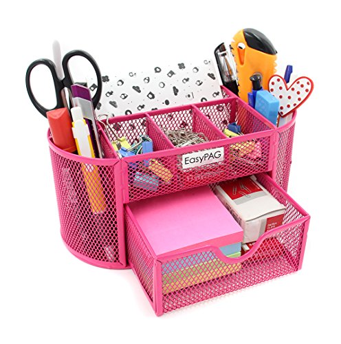 Book Cover EasyPAG Desk Organizer Mesh Desktop Office Supplies Multi-functional Caddy Pen Holder Stationery with Drawer,Pink