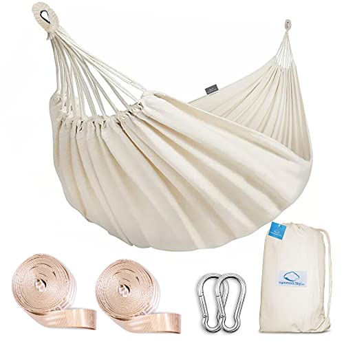Hammock Sky Brazilian Double Hammock Two Person Bed with 2 Tree Straps for Backyard, Porch, Outdoor and Indoor Use - Soft Woven Cotton Fabric (Natural)