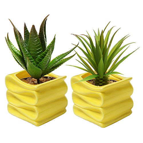 MyGift 4-Inch Yellow Modern Decorative Folded Design Small Ceramic Plant Pot/Flower Planter, Set of 2