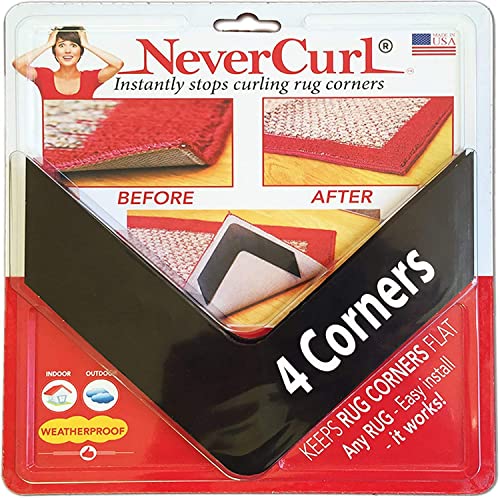 Book Cover NeverCurl V Shape Rug Corner Gripper - Stops Rug Corner Curling - Rug Corners to Hold Rug Down - Safe for Wood Floors - For Indoor & Outdoor Rugs - Carpet Tape, Rug Tape, Rug Grip - Not Anti-Slip Pad