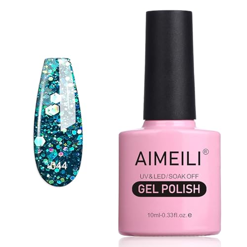 AIMEILI Soak Off UV LED Gel Nail Polish - Diamond Glitter Teal Blue Green (044) 10ml