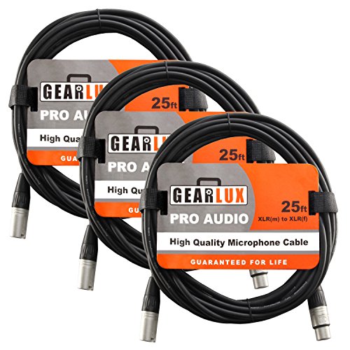 Gearlux XLR Microphone Cable, Fully Balanced, Male to Female, Black, 25 Feet - 3 Pack