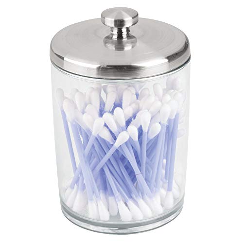 iDesign Gina Plastic Bathroom Vanity Canister with Lid for Cotton Balls, Swabs, Cosmetic Pads, Candy, 3.25" x 3.25" x 5" - Clear and Brushed Nickel