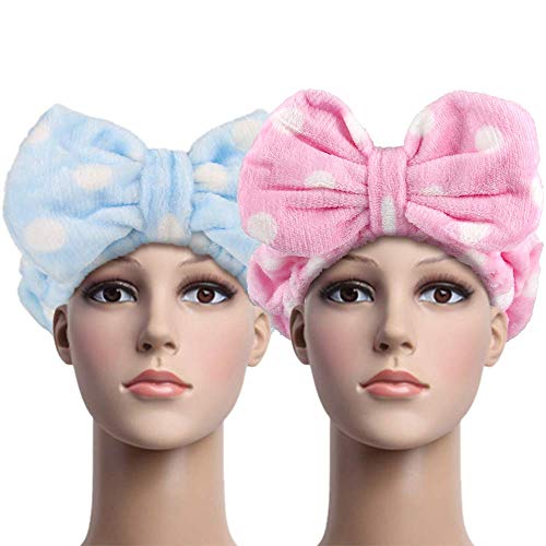 2 PCS Sweet Super Soft Caroset Wash Cosmetic Headband (Pink Polka Dots & Blue Polka Dots)