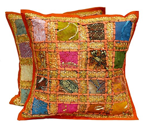 Book Cover Krishna Mart India 2 Orange Embroidery Sequin Patchwork Indian Sari Throw Pillow Cushion Covers