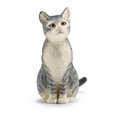 Schleich Farm World - Cat Figurine - Realistic Gray and White Cat Toy - Kitty Figure for Kids Ages 3+