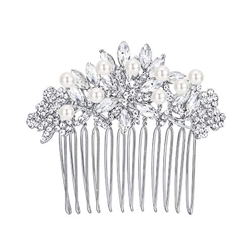 EVER FAITH Wedding Hair Accessories Austrian Crystal Cream Simulated Pearl Bridal Bride Leaf Flowers Hair Comb Clear Silver-Tone