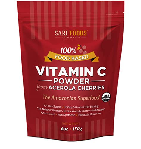 Book Cover Sari Foods Co Organic Acerola Cherry Powder - Natural Vitamin C Complex Powder - Plant Based, Non-Synthetic Nutrition. Nature’s Daily Whole Food, Antioxidants and Bioflavonoids, 6 Ounce