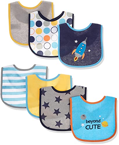 Book Cover Luvable Friends Unisex Baby Cotton Terry Drooler Bibs with PEVA Back, Blue Rocket, One Size