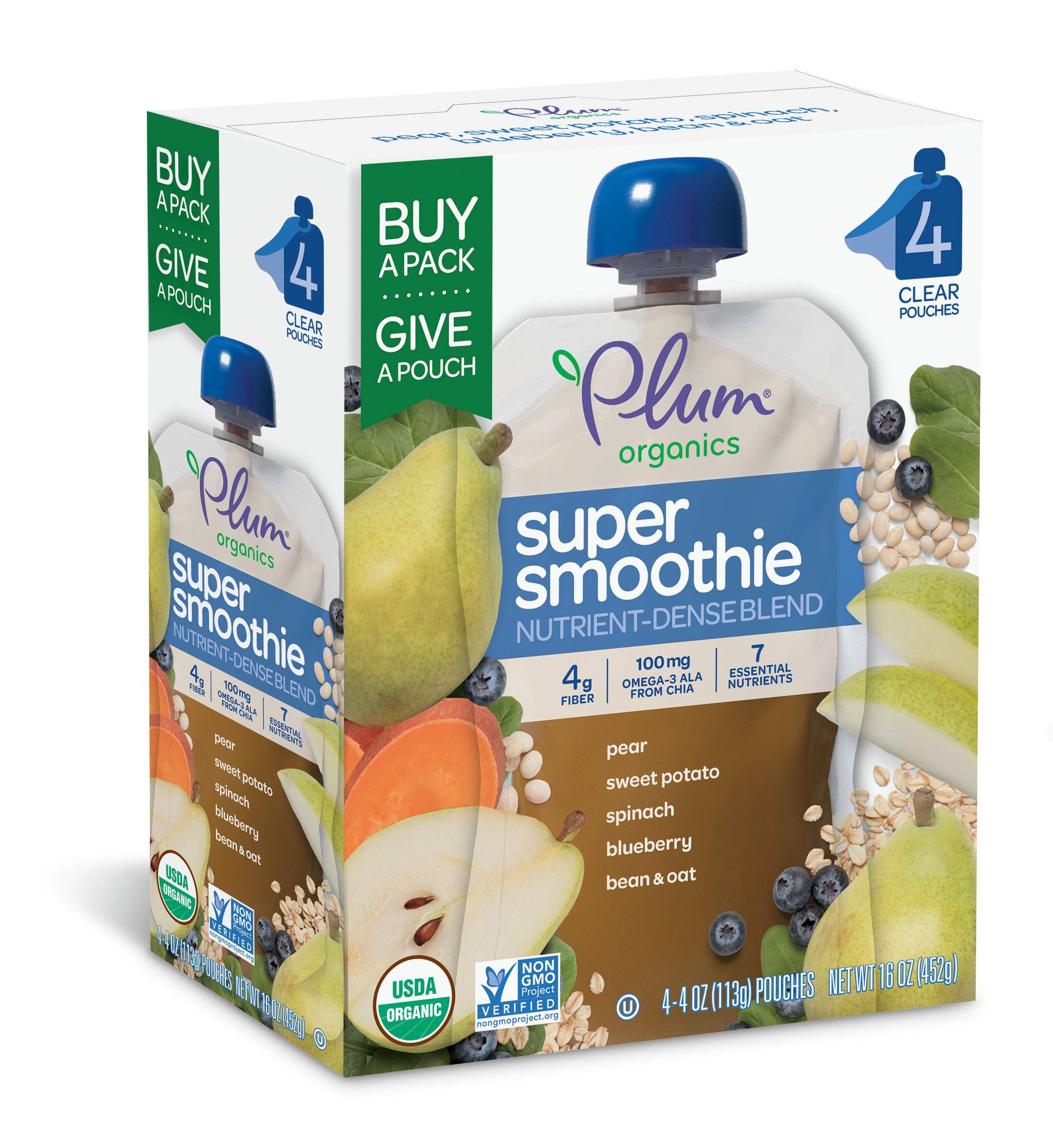 Book Cover Plum Organics | Super Smoothie | Organic Baby Food Meals | Pear, Sweet Potato, Spinach, Blueberry, Beans & Oats | 3.5 Ounce Pouch (24 Total Pouches) 4 Count (Pack of 6)