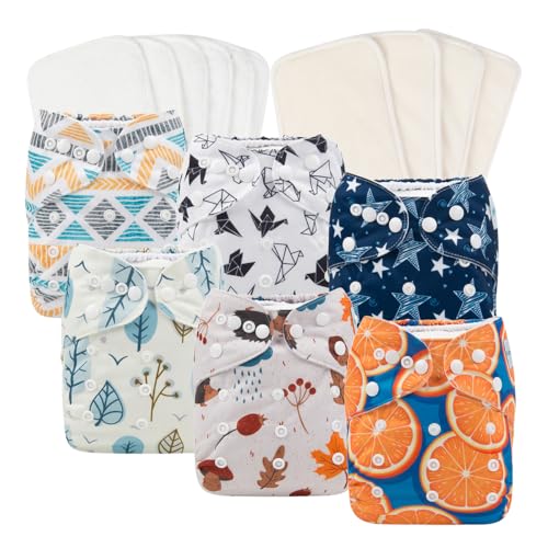 Babygoal Baby Reusable Neutral Cloth Diapers, One Size Adjustable Washable Pocket Nappy Covers 6 Pack+ 6pcs Microfiber Inserts+4pcs Bamboo Inserts 6FN05