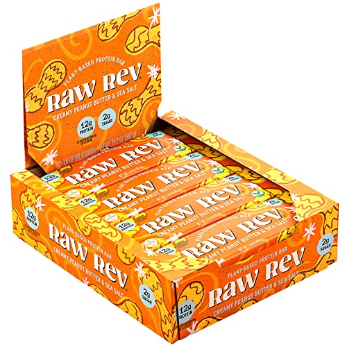 Raw Rev Vegan High-Protein Bars, Creamy Peanut Butter & Sea Salt, 12g Plant Based Protein, 13g Fiber, 1.6 Oz, Pack of 12