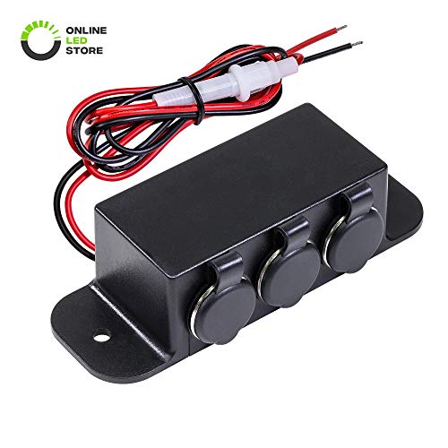 ONLINE LED STORE Automotive DC Power Outlet Extension [Heavy Duty] [12V-24V] [15 Amp] [in-Line Fuse] [Hardwire] Car Triple Socket Cigarette Lighter Plug Switch Box