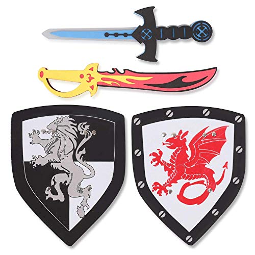 Book Cover 4 PCS Dual Foam Sword and Shield Combo Playset - Medieval Combat Ninja Warrior Weapons Costume Role Play Accessories for Kids