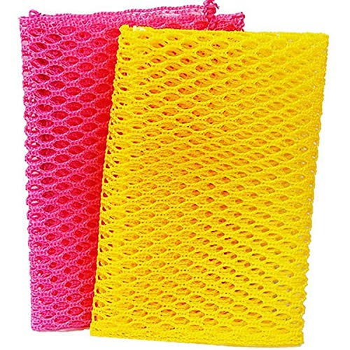 Book Cover Innovative Dish Washing Net Cloths / Scourer - 100% Odor Free / Quick Dry - No More Sponges with Mildew Smell - Perfect Scrubber for Washing Dishes - 11 by 11 inches - 2PCS - Pink/Yellow