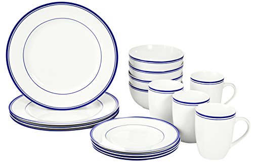 Book Cover Amazon Basics 16-Piece Cafe Stripe Kitchen Dinnerware Set, Plates, Bowls, Mugs, Service for 4, Blue