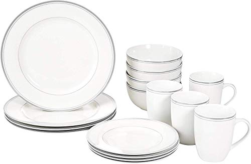 Book Cover Amazon Basics 16-Piece Cafe Stripe Kitchen Dinnerware Set, Plates, Bowls, Mugs, Service for 4, Grey