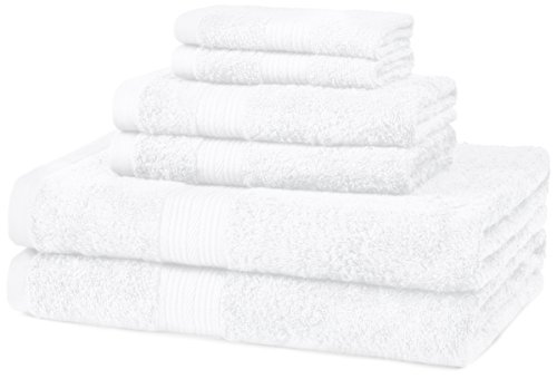 Book Cover Amazon Basics 6-Piece Fade Resistant Bath, Hand and Washcloth Towel Set -Cotton, White